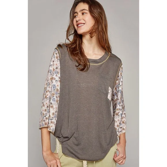 POL Charcoal Slub Knit Scoop Neck Top with Floral Sleeves - Picture 1 of 6